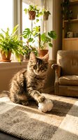 Tabby kitten playing with toy on carpet in sunny living room with hanging plants, potted greenery, and wooden furniture creating cozy home interior.