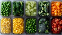Fresh vegetables and fruits in meal prep containers arranged in rows, including corn, peas, broccoli, bell peppers and diced melon, showcasing healthy eating and food organization.
