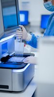 Laboratory technician in protective gear using automated pipette system for sample analysis in modern research facility with blue lighting.