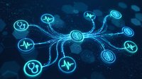 Glowing neon medical icons connected by digital lines on dark blue background, representing healthcare network, telemedicine, and interconnected diagnostic systems for medical technology concepts.