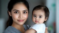 Young Asian mother holding baby daughter, both with gentle smiles and natural makeup, wearing casual clothes against blurred background, intimate family moment.