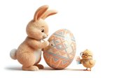Adorable fluffy bunny rabbit decorating Easter egg with geometric patterns while cute baby chick watches on clean white background for spring holiday designs.