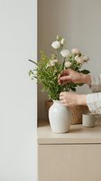 Woman arranging white roses and green foliage in ceramic vase on wooden shelf in minimalist beige interior for home decoration and lifestyle concept.