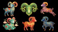 Zodiac ram and goat symbols with decorative ornamental patterns, isolated on transparent background. Ready for t-shirt design, clipart, stickers, sublimation, and print-on-demand products.