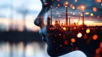 Double exposure silhouette profile merged with illuminated industrial refinery plant at sunset, glowing bokeh lights creating dreamy atmospheric mood.
