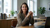 Professional businesswoman smiling confidently at modern office desk with laptop and plants in bright workspace for corporate success concepts.