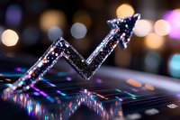Glittering upward arrow trend graph with sparkly texture against blurred bokeh background shows financial growth and market success in purple tones.