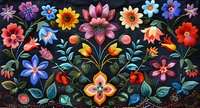 Vibrant folk art floral composition with colorful blooms arranged in symmetrical pattern on dark background, featuring pink, blue, yellow and orange flowers with decorative leaves.