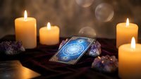 Mystical tarot cards with glowing candles and amethyst crystals creating atmospheric fortune telling scene with warm bokeh lighting for spiritual guidance.