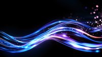 Glowing neon waves with blue and purple light trails on black background, abstract dynamic flowing lines with sparkle effects and bokeh elements.