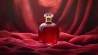 Elegant red glass perfume bottle on luxurious crimson silk fabric with soft dramatic lighting and romantic mood for beauty and fragrance marketing.
