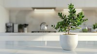 Small potted bonsai tree with vibrant green leaves in white ceramic pot on kitchen countertop, creating natural accent in modern minimalist home interior.