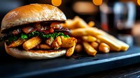 Juicy gourmet burger with crispy bacon, melted cheese, fresh lettuce on brioche bun served with golden french fries on dark slate plate against blurred restaurant background.