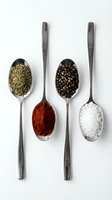 Four metal spoons filled with colorful spices including fennel seeds, black peppercorns, paprika powder and sea salt on white background for cooking.