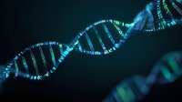 Glowing DNA helix structure with blue and green illumination against dark background, representing genetic science and biotechnology research.