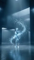 Digital human figure dissolving into glowing particles in modern minimalist interior space with blue lighting, representing transformation, technology, and data visualization for digital innovation concepts.