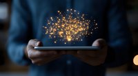 Glowing neural network hologram floating above digital tablet in hands, representing artificial intelligence and machine learning technology in dark setting.