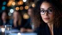 Young African American businesswoman wearing glasses at evening event, with soft bokeh lights and elegant atmosphere creating professional ambiance.