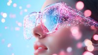 Young woman wearing pink glitter sunglasses in dreamy neon lighting with bokeh effects and sparkles, showcasing glamorous fashion and beauty trends.