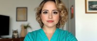 Young Hispanic female healthcare worker wearing turquoise medical scrubs smiling confidently at camera, with blonde curly hair styled professionally in home office setting.