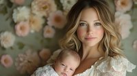 Young Caucasian mother in white lace dress holding newborn baby against floral background with soft pink roses, gentle natural lighting creates tender maternal scene.
