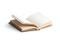 Open blank book with cream colored pages lying on white background, empty pages spread out showing binding and natural paper texture. Isolated object.