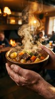 Steaming beef stew with root vegetables served in wooden bowl held by male hand in warm restaurant setting with blurred diners and fireplace background.