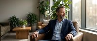 Confident middle-aged Caucasian businessman in suit sitting in modern office chair by window with plants, professional corporate executive portrait.
