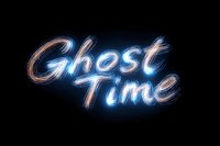 Glowing neon Ghost Time text effect with electric blue and orange lighting on dark background for Halloween party invitations and spooky event promotions.