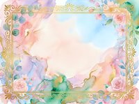 Watercolor floral frame with ornate gold border and pastel flowers, ideal for wedding invitations, greeting cards, and decorative design projects.