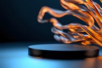 Black cylindrical podium with dynamic orange flame effects on dark blue background for product display and presentation design.