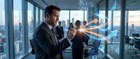 Businessman in dark suit analyzing digital data visualization with glowing charts in modern high-rise office overlooking city skyline, representing financial analysis and business intelligence.