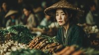 Young Asian woman in traditional conical hat selling fresh vegetables at bustling local market. Authentic cultural commerce scene with organic produce display.