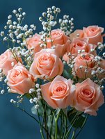 Elegant coral pink roses with delicate white baby's breath flowers arranged in romantic bouquet against deep blue background for weddings and celebrations.