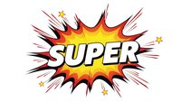 Comic book style explosion burst with SUPER text in bold letters on colorful starburst background for promotional designs and marketing materials.
