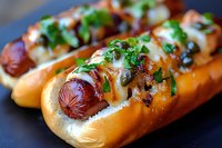 Grilled hot dogs in soft buns topped with melted cheese, caramelized onions and fresh chopped parsley, served on dark surface. Close up food photography.