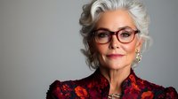 Elegant senior Caucasian woman with silver gray hair wearing stylish glasses and floral red blouse, confident mature professional portrait for business.