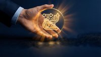 Businessman hand holding glowing digital circuit brain with golden light rays on dark blue background representing artificial intelligence and innovation.