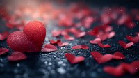Red heart with scattered rose petals on dark wet surface in romantic mood lighting with bokeh effect and falling snow, creating atmospheric Valentine's day scene.