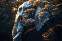 Majestic elephant profile illuminated by golden sunlight, creating dramatic shadows and textures across wrinkled skin, highlighting natural patterns in wildlife photography.