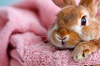 Adorable ginger and white bunny rabbit resting on soft pink towel, close-up portrait showing cute nose and expressive eyes, creating cozy and tender mood.
