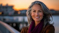 Mature woman with gray hair smiling outdoors at sunset, wearing brown coat and burgundy scarf. Natural beauty and confidence radiating in warm golden light.
