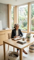 Woman in business casual attire working at wooden desk in bright, modern office with large windows overlooking garden. Suitable for corporate, productivity, and workspace concepts.