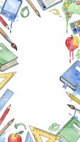 Watercolor art supplies frame with paintbrushes, pencils, books, apple and palette on white background. School and creative workspace border design.