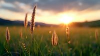Golden wheat stalks silhouetted against dramatic sunset sky with sun rays breaking through clouds over rural field, creating magical bokeh effect and warm atmosphere.