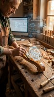 Senior male craftsman working with wood in workshop, using digital augmented reality interface showing data synchronization and physical-digital connectivity for woodworking design and manufacturing.