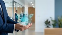 Professional businessman holding holographic digital network icons in modern office environment representing connectivity and technological innovation.