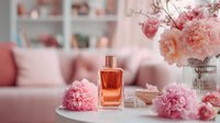 Elegant perfume bottle with pink peonies on table against soft pink living room background, creating luxurious feminine atmosphere.