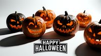 Carved jack-o-lantern pumpkins with glowing faces arranged on white surface with Happy Halloween text overlay, suitable for seasonal marketing and holiday promotional materials.