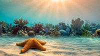 Vibrant underwater scene with a starfish on sandy ocean floor, colorful coral reef, tropical fish, and sunlight rays filtering through clear blue water.